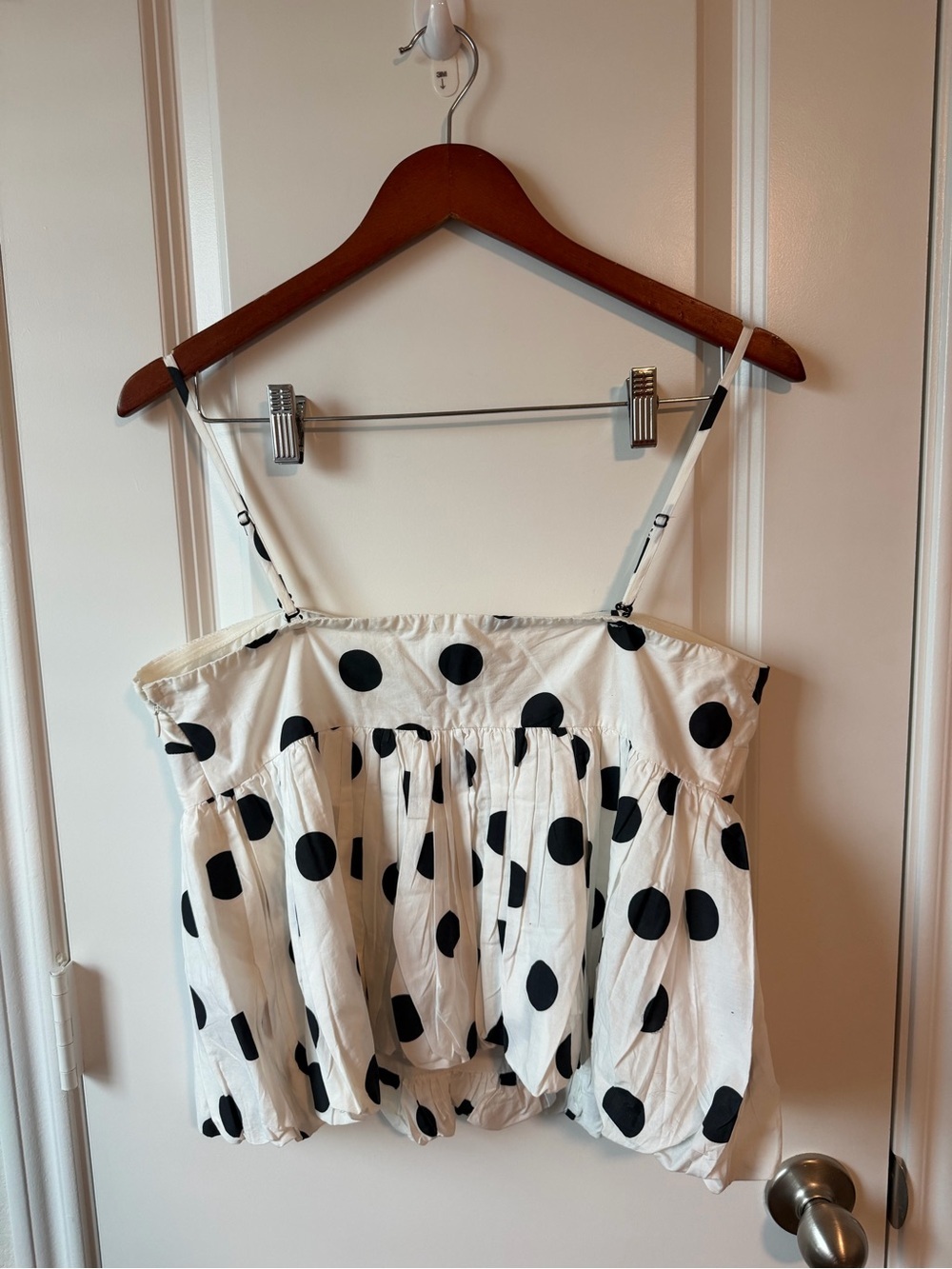 ⚡️Maeve Anthropologie Babydoll Bubble Blouse - White + Black Polka Dots - Picture 4 of 6